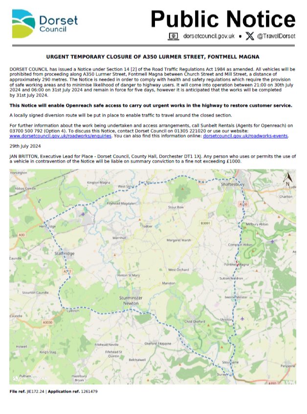 URGENT TEMPORARY CLOSURE OF A350 LURMER STREET, FONTMELL MAGNA