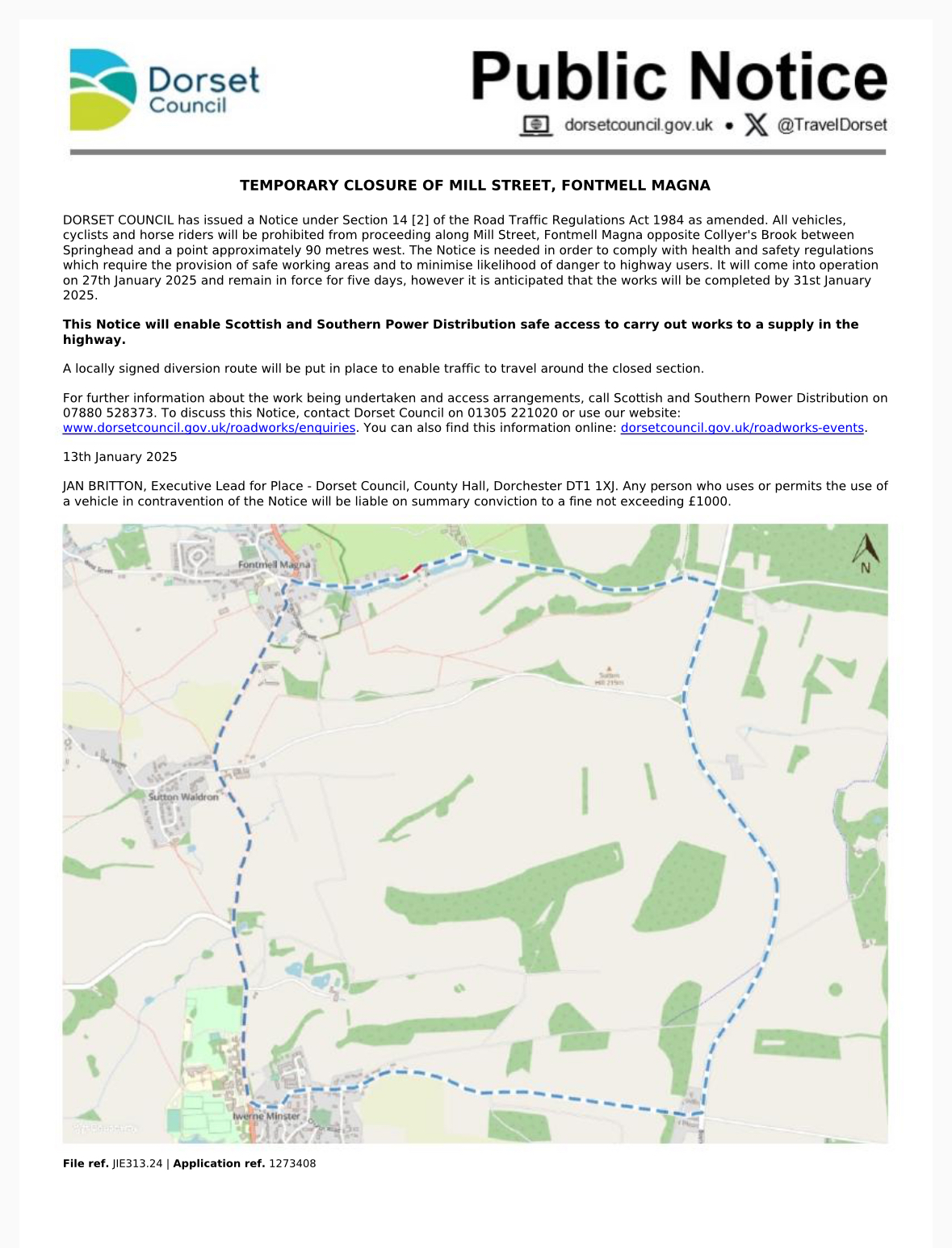 PROPOSED TEMPORARY CLOSURE OF MILL STREET, FONTMELL MAGNA