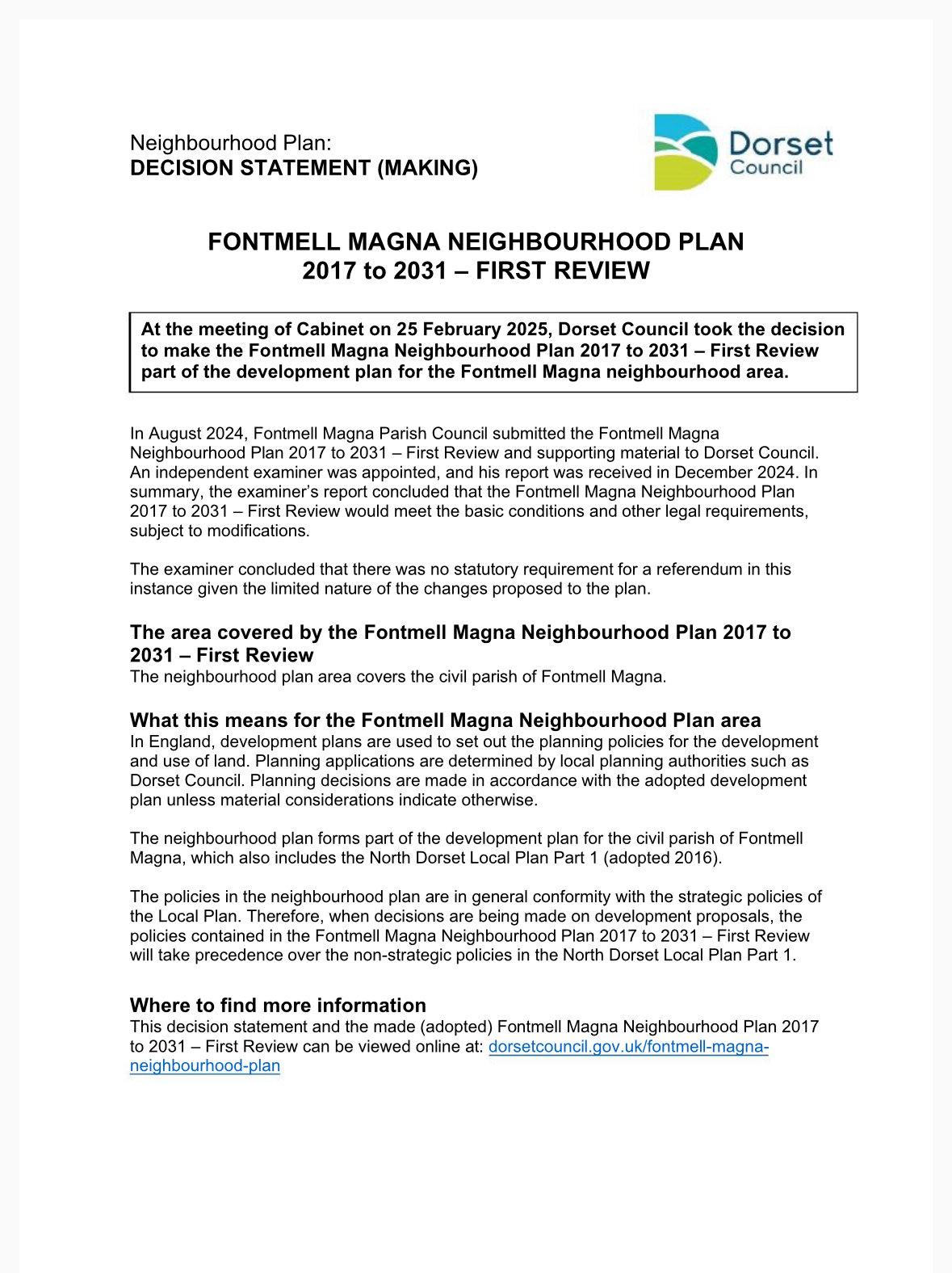 Neighbourhood Plan: DECISION STATEMENT (MAKING)