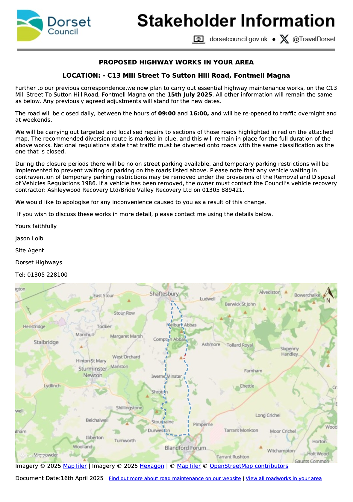 PROPOSED HIGHWAY WORKS IN YOUR AREA C13 Mill Street To Sutton Hill Road, Fontmell Magna