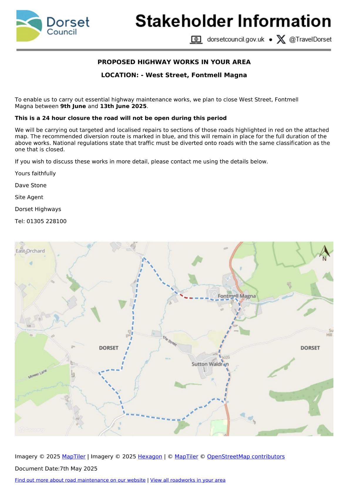 PROPOSED HIGHWAY WORKS IN YOUR AREA  - West Street, Fontmell Magna